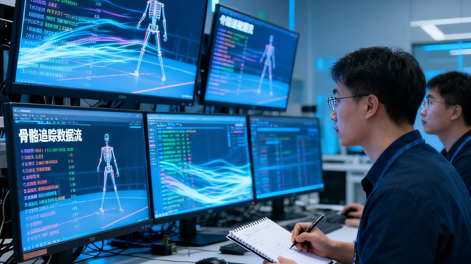 熊猫体育技术团队在实验室中测试新版AI姿态识别系统，多台显示器上实时滚动着骨骼追踪数据流，工程师正在记录分析结果