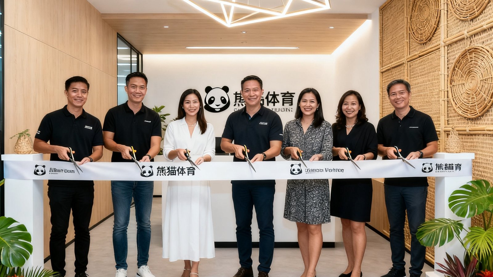 熊猫体育新加坡办公室开业仪式，创始人团队与当地合作伙伴共同剪彩，办公室内部装修风格现代简约融合东南亚元素