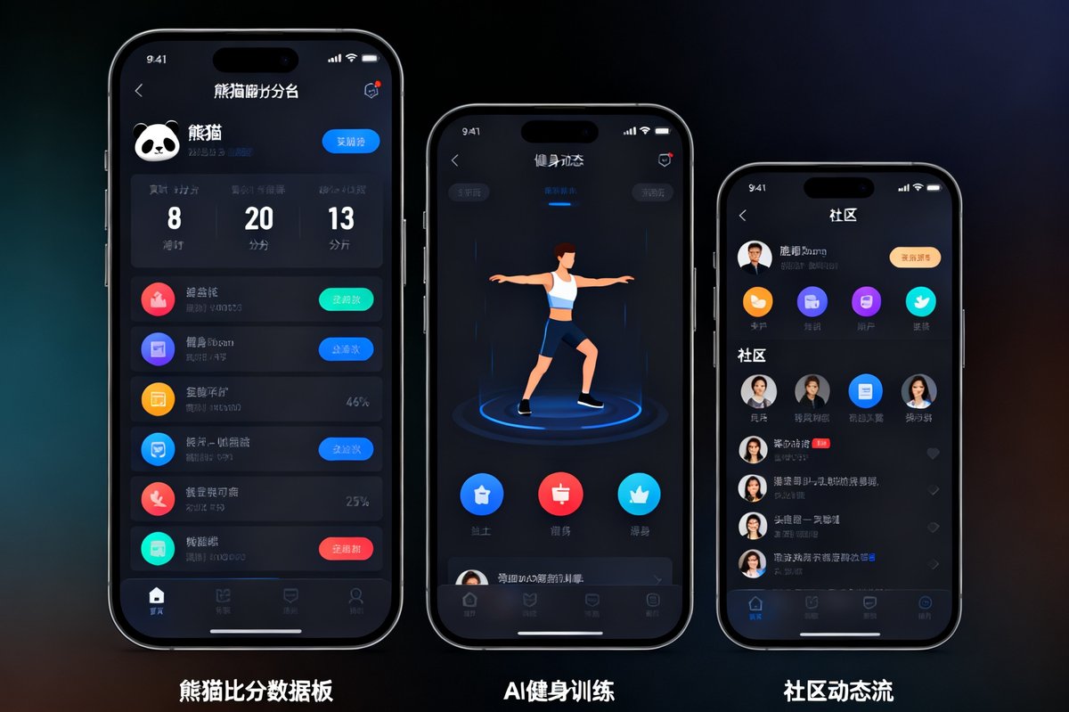 熊猫体育APP手机界面模拟图，展示在深色渐变背景上的三台不同尺寸手机屏幕，分别显示熊猫比分数据面板、AI健身训练界面和社区动态流